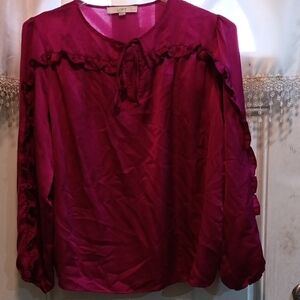 LOFT Deep Magenta Ruffle Tie-Neck Blouse